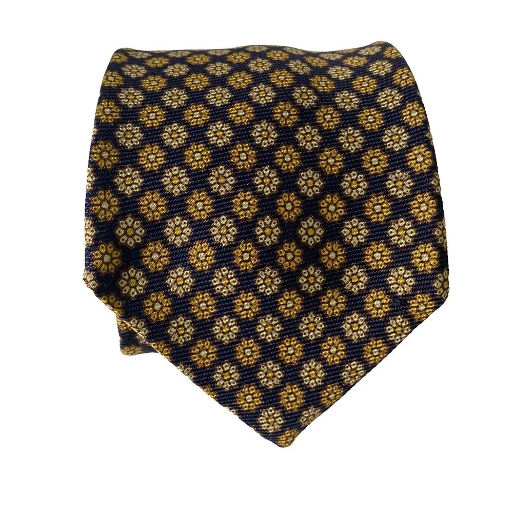 Brooks Brothers Makers Navy Yellow Brown Floral Tie Necktie Silk 59